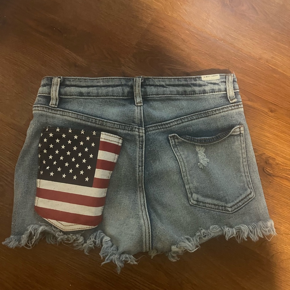 Almost Famous Blue and Red Jean Shorts Distressed American Flag Design